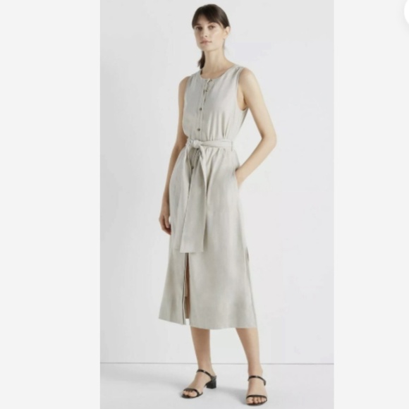 NWT Club Monaco Belted Linen Sleeveless Button Front Dress FLAX Khaki Beige - 6 - Picture 1 of 8